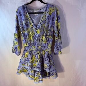 Aerie Rock and Ruffle Blue and Yellow Lace Trim Mini Dress Size M Long Sleeve